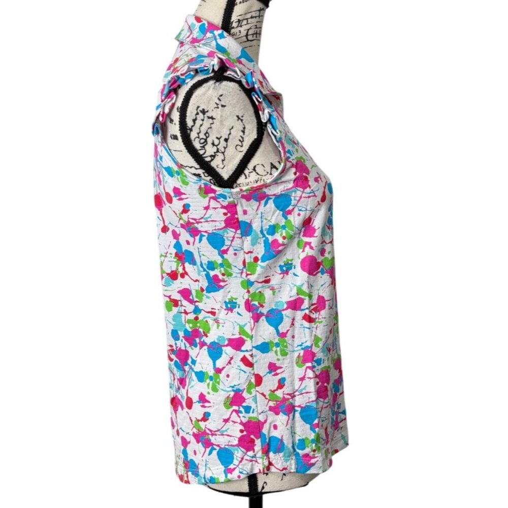 IBKUL Womens Size S Top  1/4 Zip Ruffle-Cap-Sleeve Pink Blue White Splatter UPF - Picture 2 of 8